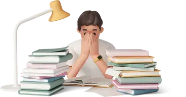 A man sitting at a desk surrounded by books and a lamp.