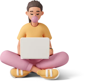 young woman sitting with laptop on legs and blowing bubble gum