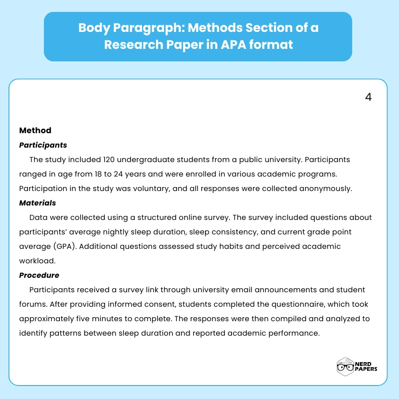 Methods section of a research paper in APA format describing participants materials and procedure