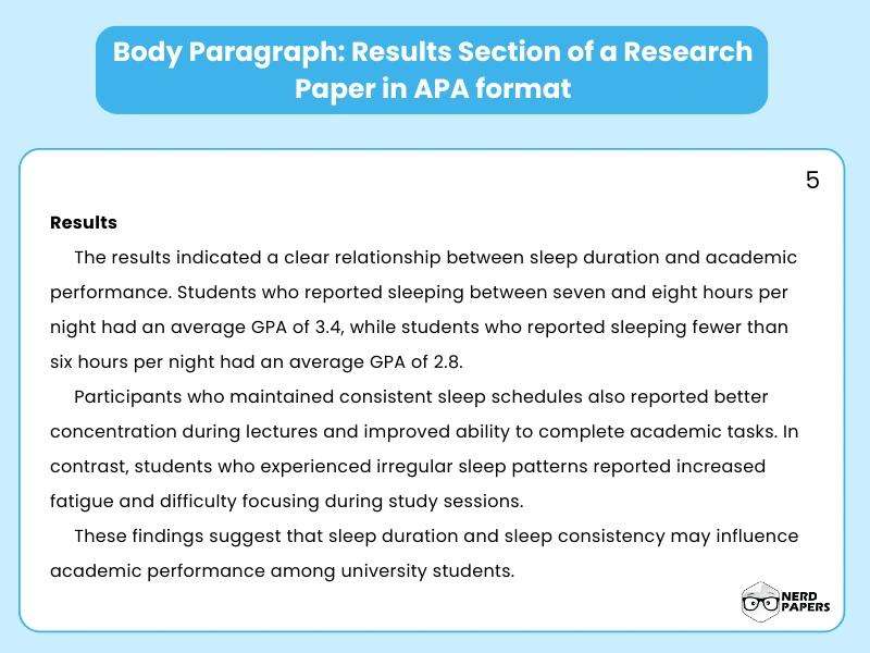 Results section of a research paper in APA format presenting study findings