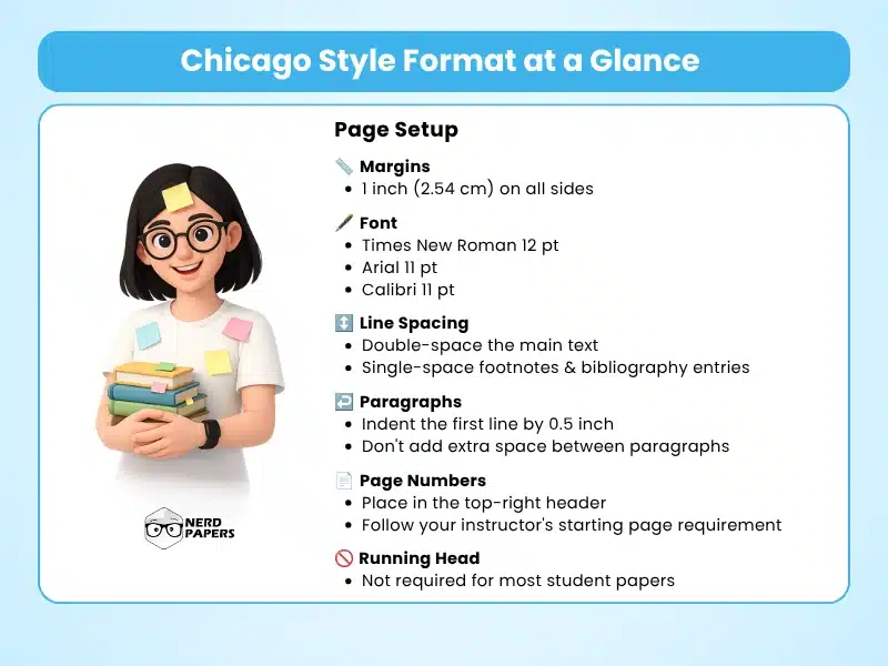 Chicago style format at a glance infographic showing page setup margins fonts spacing paragraphs page numbers and running head