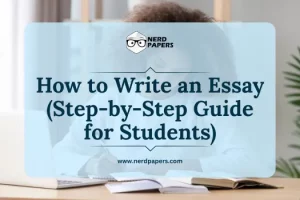 title graphic for how to write an essay step-by-step guide showing student studying at a desk