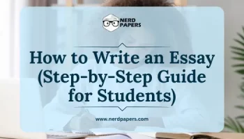 title graphic for how to write an essay step-by-step guide showing student studying at a desk