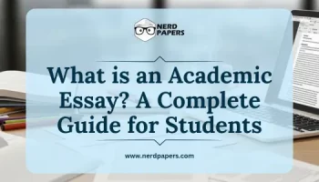 what is an academic essay guide title image showing books, papers, and a laptop on a study desk in a university setting