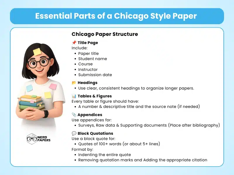 essential parts of a Chicago style paper infographic covering title page headings tables appendices and block quotations