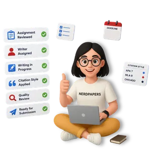 Expository essay writing service hero illustration featuring an academic writer managing assignment progress, citation formatting, quality review, and deadline tracking for custom expository essays.