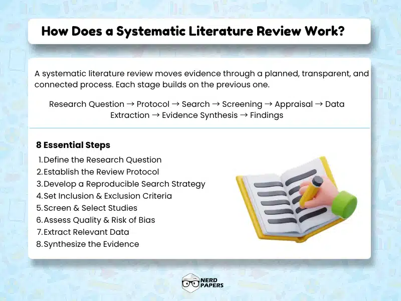 Systematic literature review process from research question and search strategy to study screening, appraisal, data extraction, and synthesis