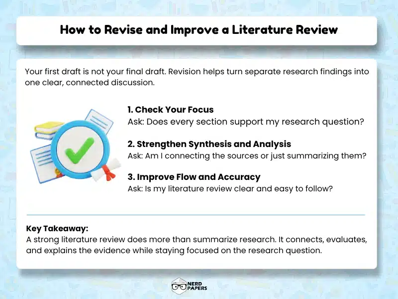 How to revise a literature review by improving research focus, synthesis, critical analysis, flow, and academic accuracy.