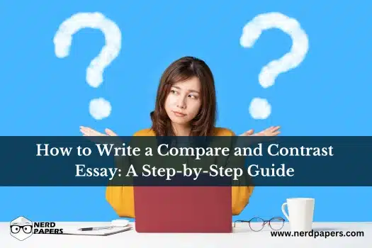 Student learning how to write a compare and contrast essay with a laptop and question marks representing comparison and topic analysis
