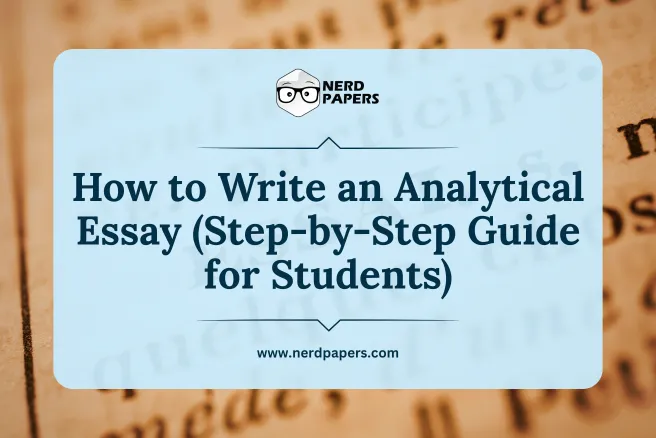 Main infographic cover for how to write an analytical essay step by step.