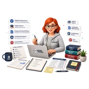 College essay writing service hero illustration showing a professional academic writer creating original college essays with subject expertise and APA MLA Chicago formatting