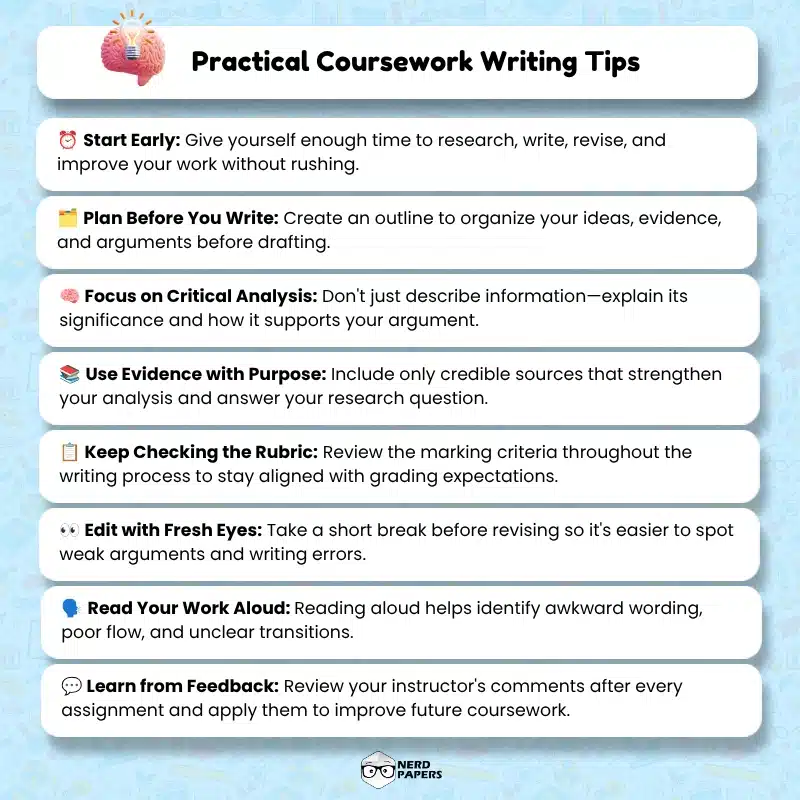 Practical coursework writing tips infographic covering planning, critical analysis, evidence, editing, feedback, and rubric alignment.