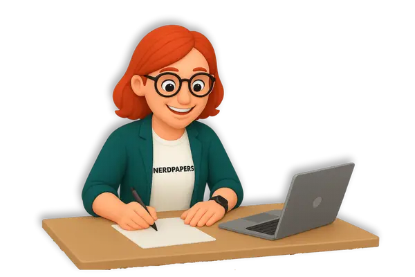 Female professional writer sitting at desk writing notes next to a laptop.