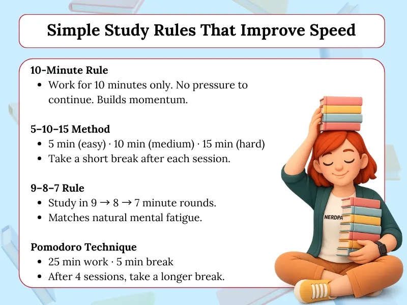 Simple study rules like Pomodoro and 10 minute rule to improve study speed