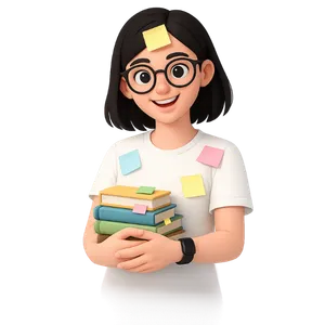 Student holding stack of books with sticky notes, symbolizing academic workload and preparation