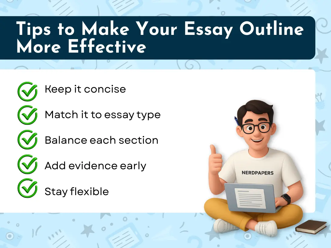 Tips to make an essay outline more effective with Nerdpapers character giving thumbs up.