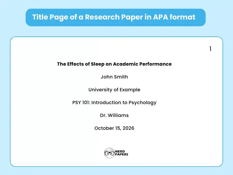Title page of a research paper in APA format with student name and course details