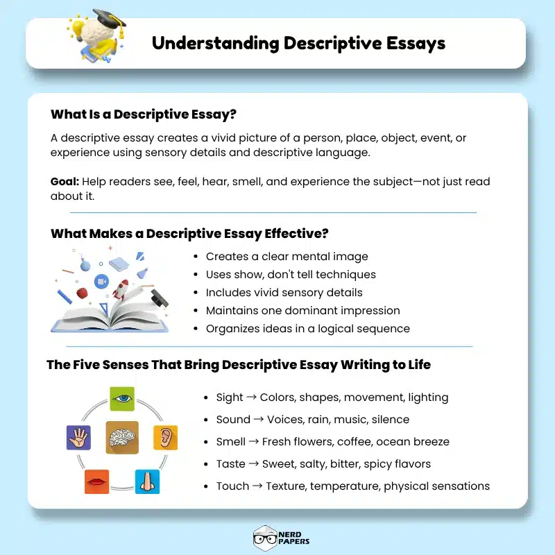 Understanding descriptive essays infographic explaining what a descriptive essay is, its purpose, key characteristics, and the five senses used in descriptive writing.