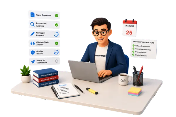 Professional writer completing a custom term paper with research, formatting, citation styles, deadline tracking, and quality review for students.